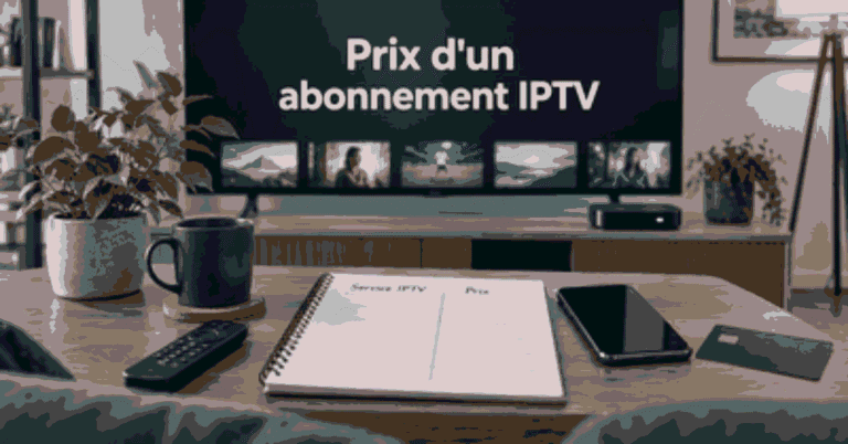 Comparaison du prix d'un abonnement IPTV sur un carnet devant une télévision