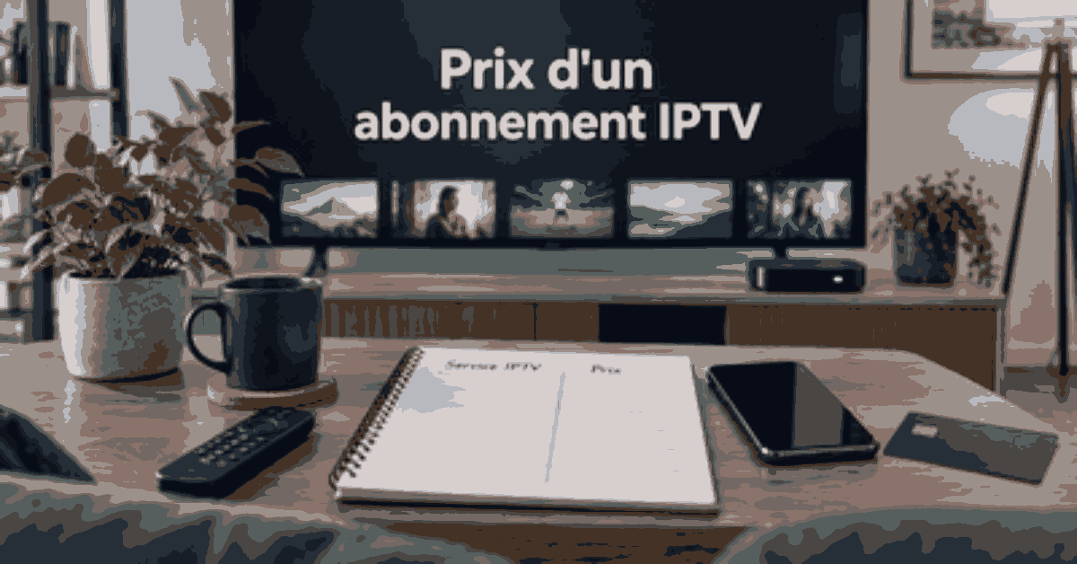 Comparaison du prix d'un abonnement IPTV sur un carnet devant une télévision